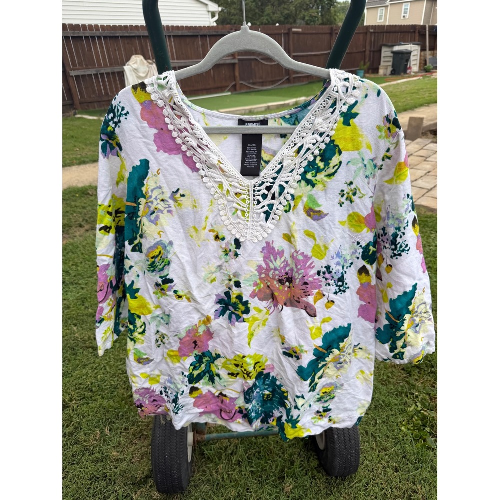 Premise Belize City Floral Linen Blend Crochet V-Neck Blouse XL P910619